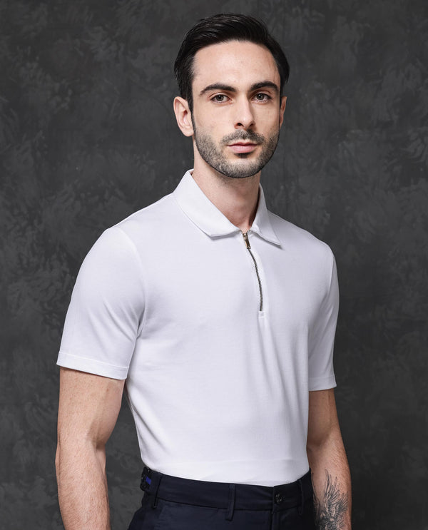Rare Rabbit Mens Prin-1 White Cotton Fabric Collared Neck Zipper Closure Half Sleeves Polo T-Shirt
