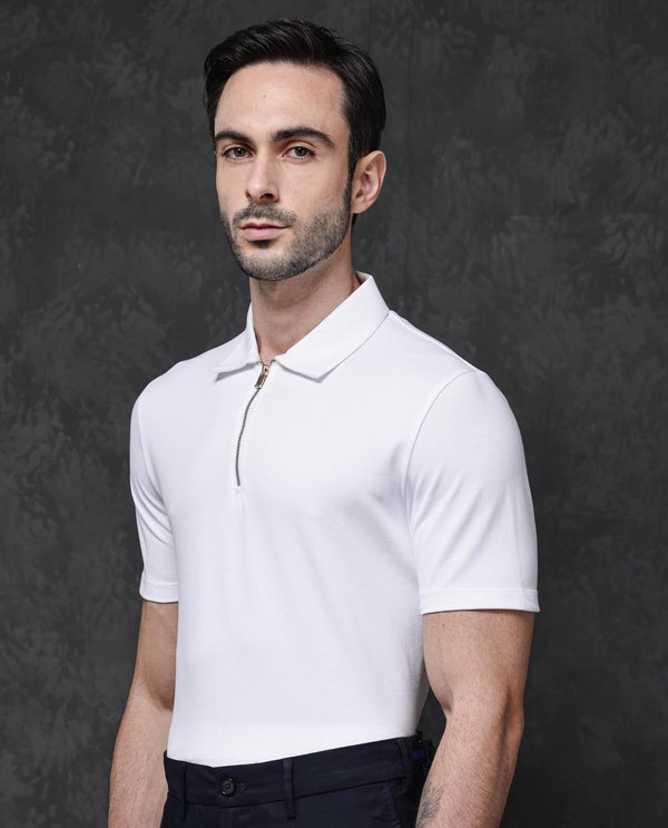 Rare Rabbit Mens Prin-1 White Cotton Fabric Collared Neck Zipper Closure Half Sleeves Polo T-Shirt