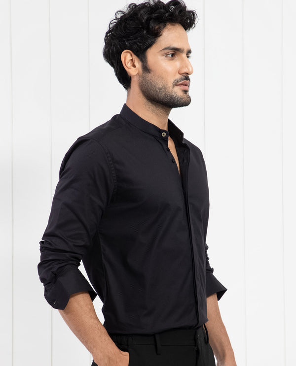 Rare Rabbit Men's Pristina Black Cotton Fabric Mandarin Collar Full Sleeves Solid Shirt