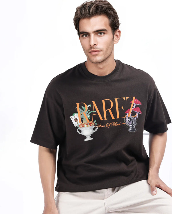 Rare Rabbit Men Qena Brown Cotton Fabric Short Sleeve Slip-On Oversized Fit Printed T-Shirt