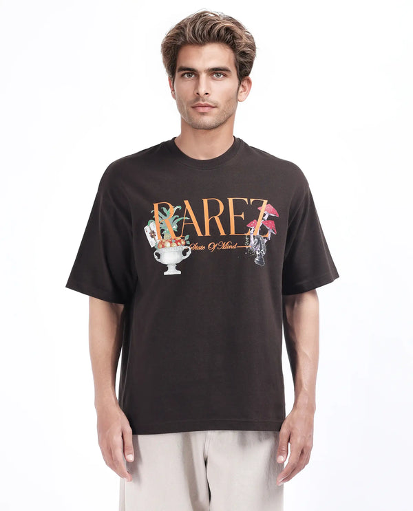 Rare Rabbit Men Qena Brown Cotton Fabric Short Sleeve Slip-On Oversized Fit Printed T-Shirt