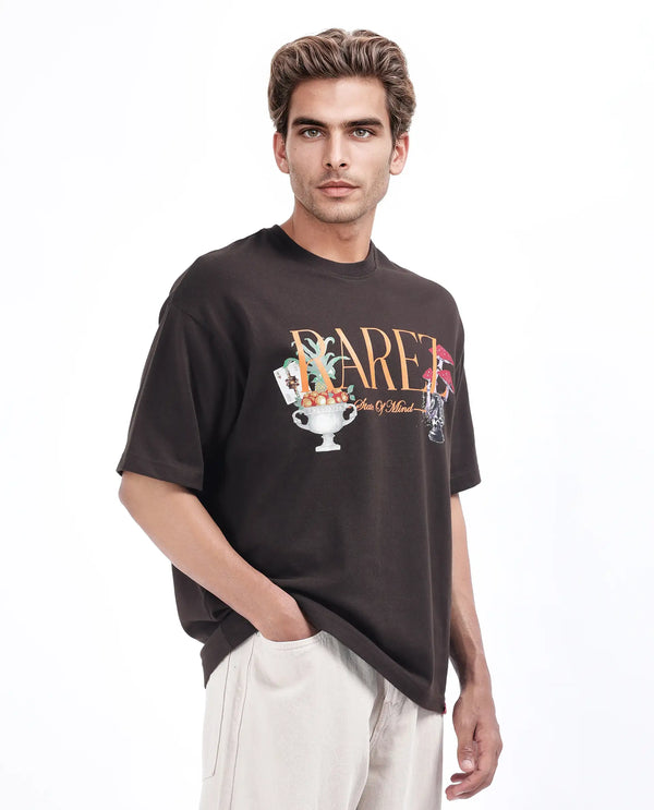 Rare Rabbit Men Qena Brown Cotton Fabric Short Sleeve Slip-On Oversized Fit Printed T-Shirt