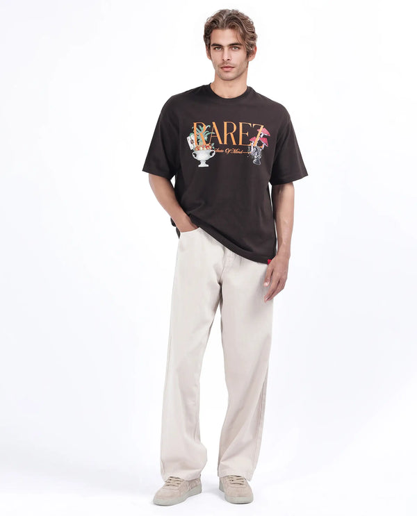 Rare Rabbit Men Qena Brown Cotton Fabric Short Sleeve Slip-On Oversized Fit Printed T-Shirt
