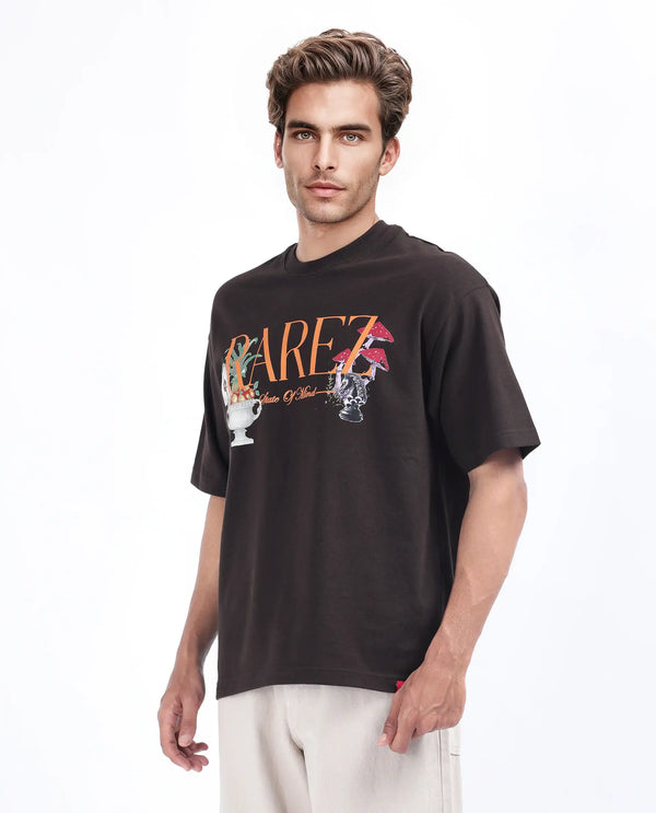 Rare Rabbit Men Qena Brown Cotton Fabric Short Sleeve Slip-On Oversized Fit Printed T-Shirt