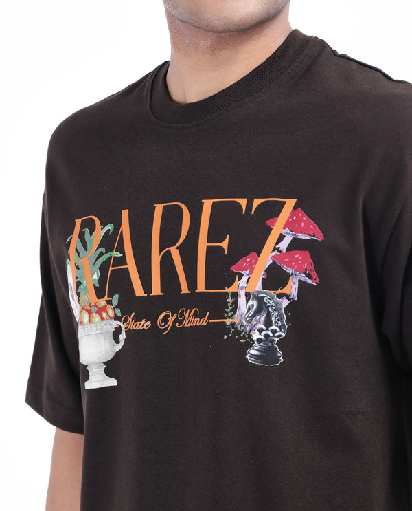 Rare Rabbit Men Qena Brown Cotton Fabric Short Sleeve Slip-On Oversized Fit Printed T-Shirt