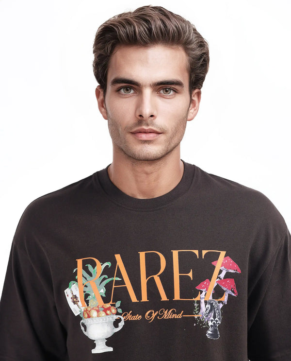Rare Rabbit Men Qena Brown Cotton Fabric Short Sleeve Slip-On Oversized Fit Printed T-Shirt