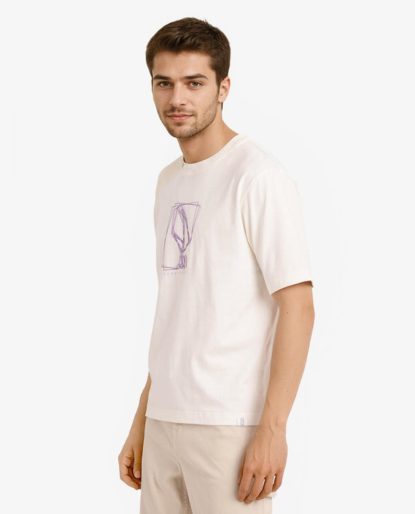 Rare Rabbit Men Que Off White Cotton Fabric Short Sleeve Crew Neck Oversized Fit Graphic Logo Print T-Shirt