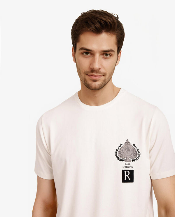 Rare Rabbit Men Rabo Off White Cotton Lycra Fabric Short Sleeve Crew Neck Regular Fit Flock HD Graphic Print T-Shirt