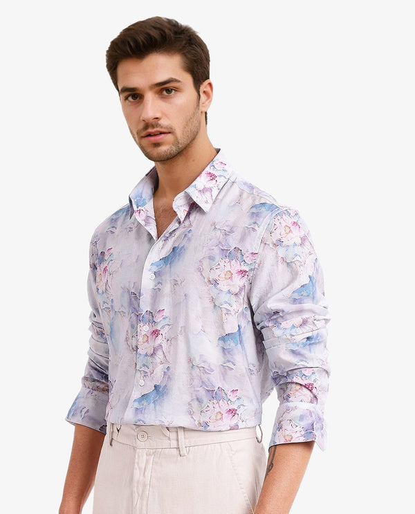 Rare Rabbit Men Raiko Pastel Purple Viscose Nylon Fabric Full Sleeve Regular Fit Floral Print Shirt