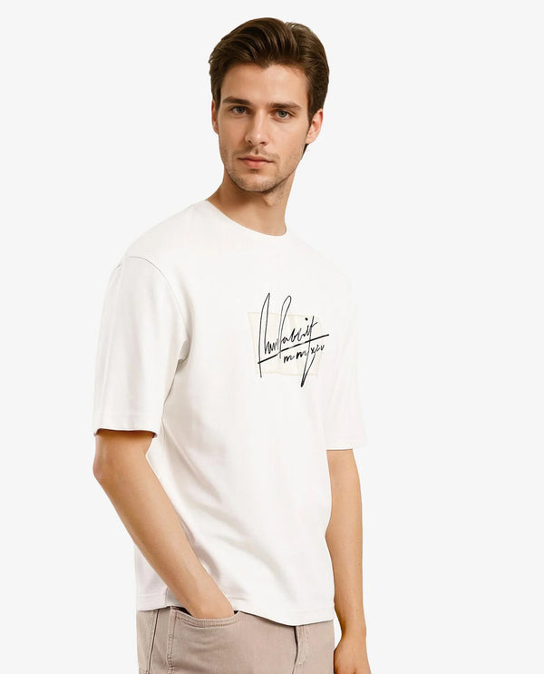 Rare Rabbit Men Raydo Off White Cotton Polyester Fabric Short Sleeve Crew Neck Boxy Fit Graphic Print T-Shirt