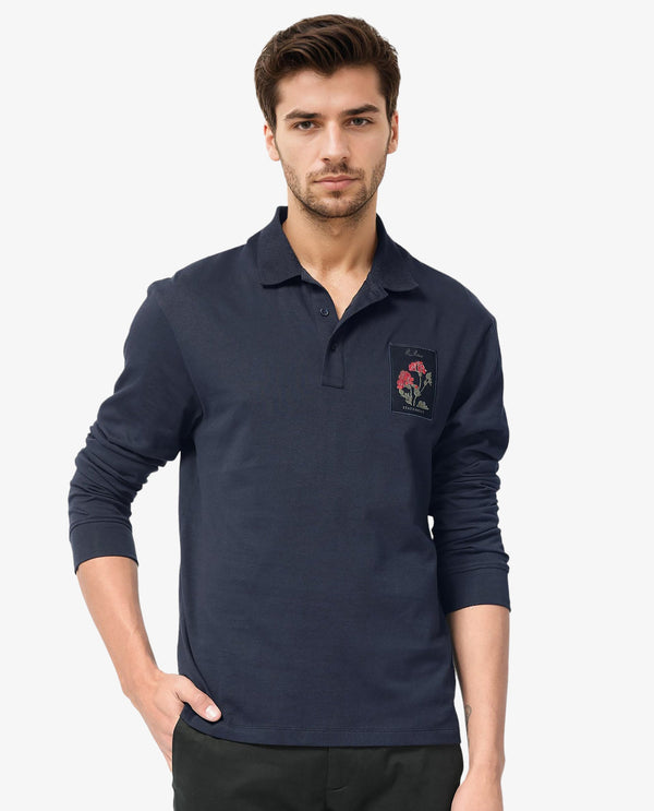 Rare Rabbit Men's Raz Navy Collared Neck Statement Chest Label Full Sleeve Polo T-Shirt