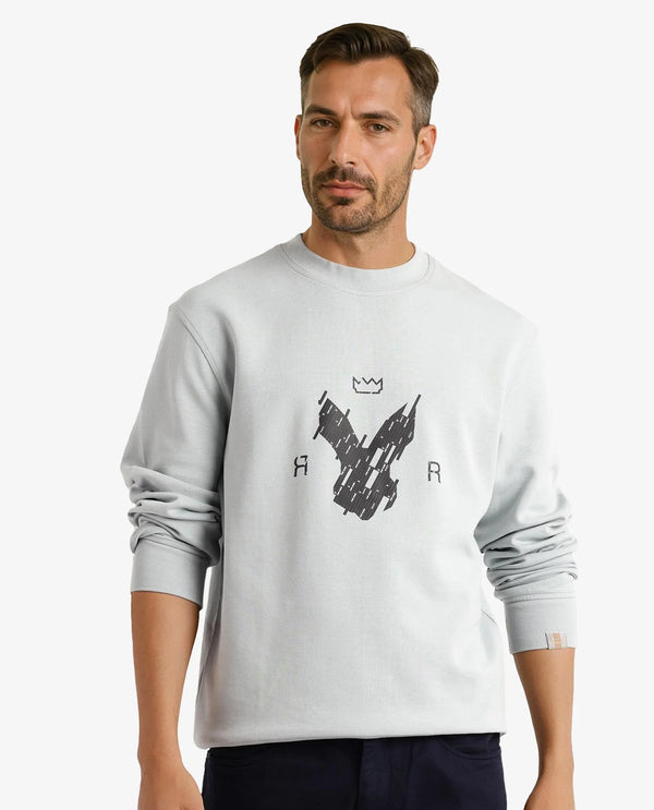 Rare Rabbit Men Ref Light Grey Cotton Full Sleeve Crew Neck Regular Fit HD Print Logo Sweatshirt