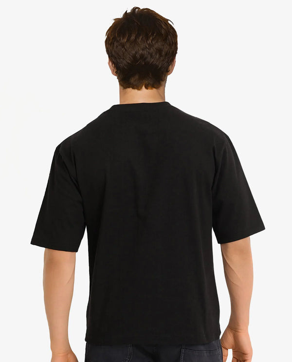 Rare Rabbit Men Reis Black Cotton Fabric Short Sleeve Crew Neck Oversized Fit Graphic Flock Print T-Shirt
