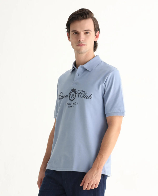 Rare Rabbit Men Rem Light Blue Cotton Fabric Short Sleeve Regular Fit HD Print Branded Polo