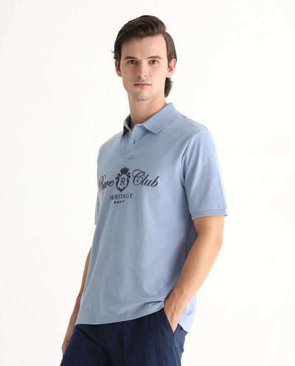 Rare Rabbit Men Rem Light Blue Cotton Fabric Short Sleeve Regular Fit HD Print Branded Polo