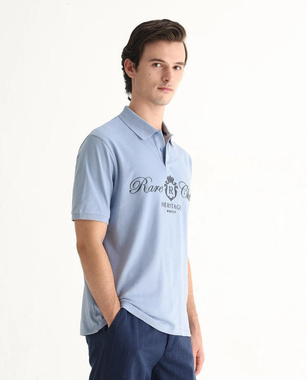 Rare Rabbit Men Rem Light Blue Cotton Fabric Short Sleeve Regular Fit HD Print Branded Polo