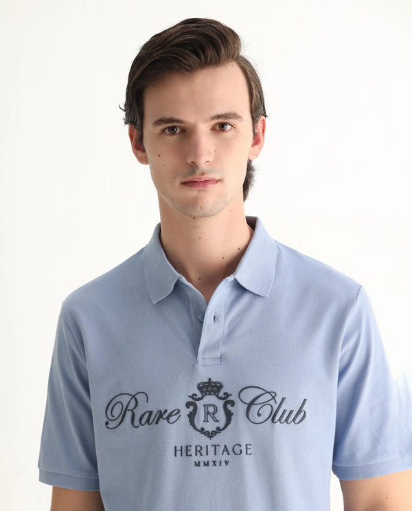 Rare Rabbit Men Rem Light Blue Cotton Fabric Short Sleeve Regular Fit HD Print Branded Polo