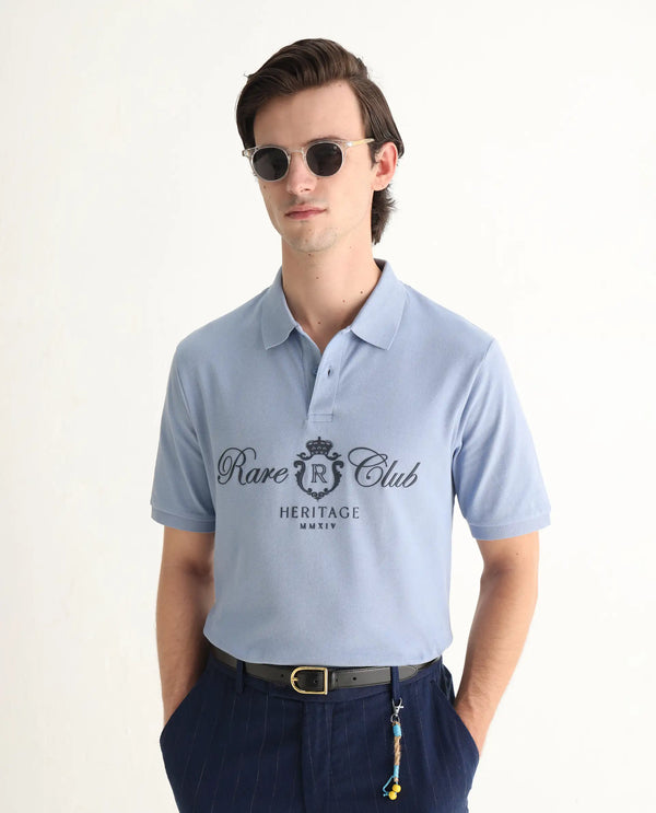Rare Rabbit Men Rem Light Blue Cotton Fabric Short Sleeve Regular Fit HD Print Branded Polo