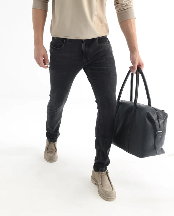 Rare Rabbit Men's Reney Black Mid Wash Mid-Rise Slim Fit Jeans
