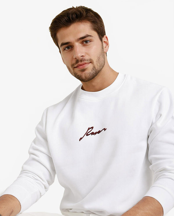 Rare Rabbit Men Rew-1 White Full Sleeve Cotton Polyester Fabric Full Sleeve Crew Neck Regular Fit Graphic Flock Print Sweatshirt