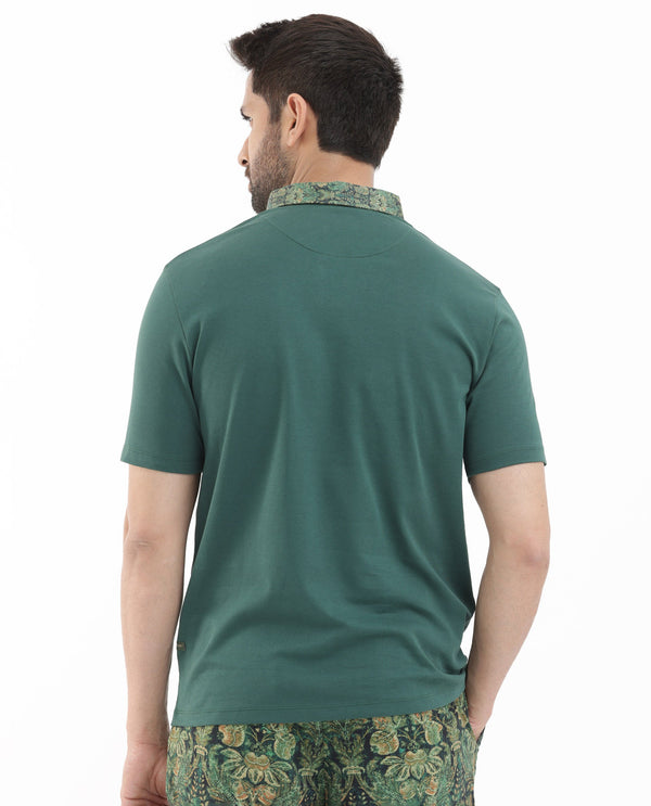 Rare Rabbit Men's Ringer-2 Green Cotton Fabric Printed Collar Half Sleeves Polo T-Shirt