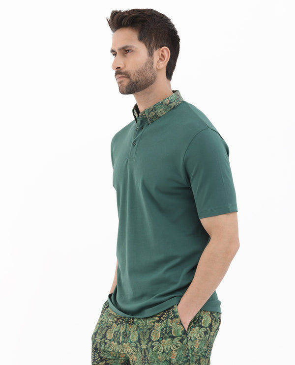 Rare Rabbit Men's Ringer-2 Green Cotton Fabric Printed Collar Half Sleeves Polo T-Shirt