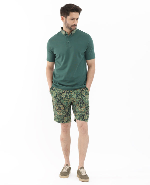 Rare Rabbit Men's Ringer-2 Green Cotton Fabric Printed Collar Half Sleeves Polo T-Shirt