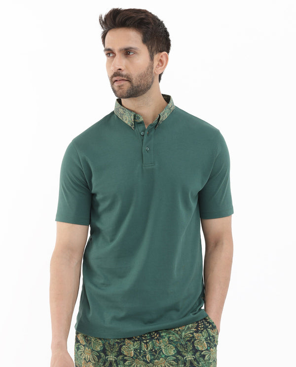 Rare Rabbit Men's Ringer-2 Green Cotton Fabric Printed Collar Half Sleeves Polo T-Shirt
