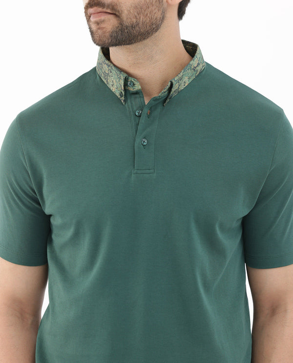 Rare Rabbit Men's Ringer-2 Green Cotton Fabric Printed Collar Half Sleeves Polo T-Shirt