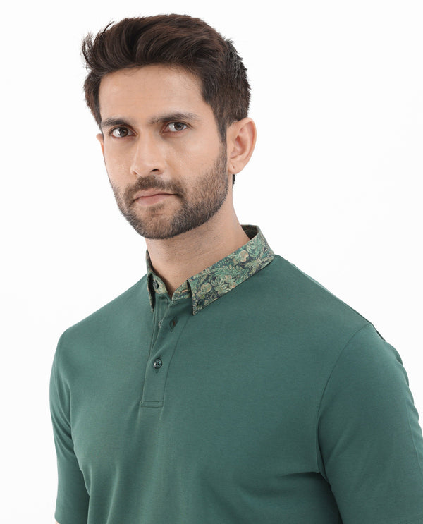 Rare Rabbit Men's Ringer-2 Green Cotton Fabric Printed Collar Half Sleeves Polo T-Shirt