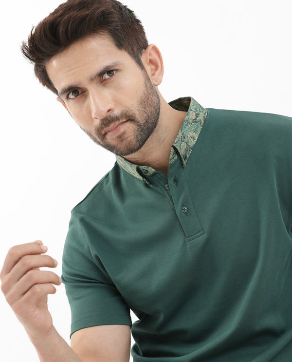 Rare Rabbit Men's Ringer-2 Green Cotton Fabric Printed Collar Half Sleeves Polo T-Shirt