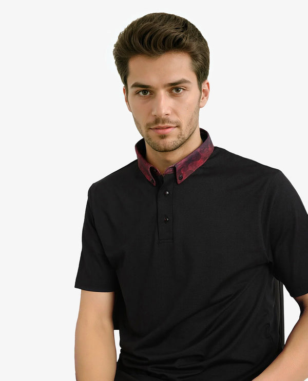 Rare Rabbit Men Ringer-2 Black Cotton Fabric Printed Collar Half Sleeves Polo T-Shirt