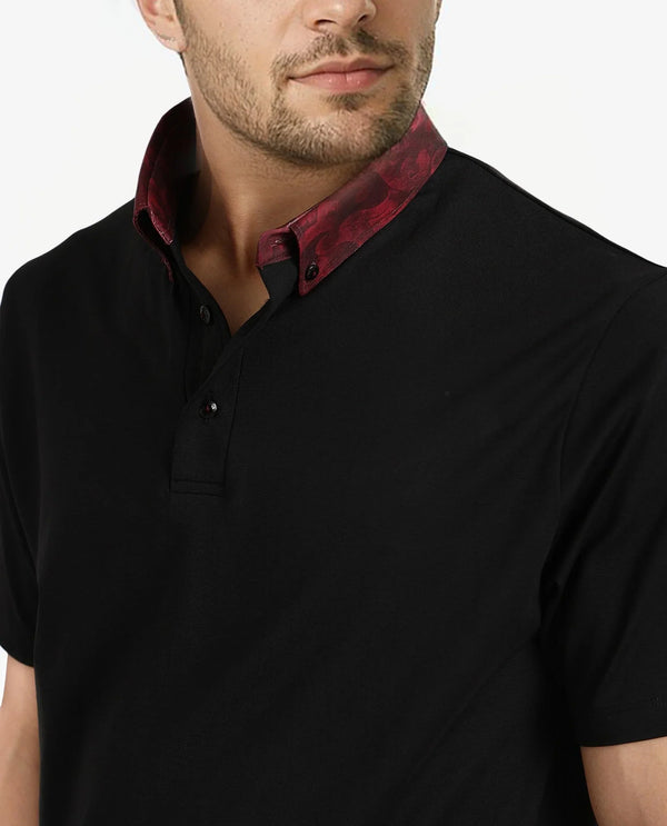 Rare Rabbit Men Ringer-2 Black Cotton Fabric Printed Collar Half Sleeves Polo T-Shirt
