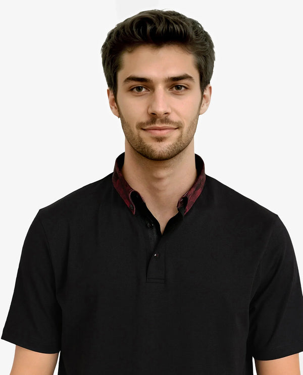 Rare Rabbit Men Ringer-2 Black Cotton Fabric Printed Collar Half Sleeves Polo T-Shirt