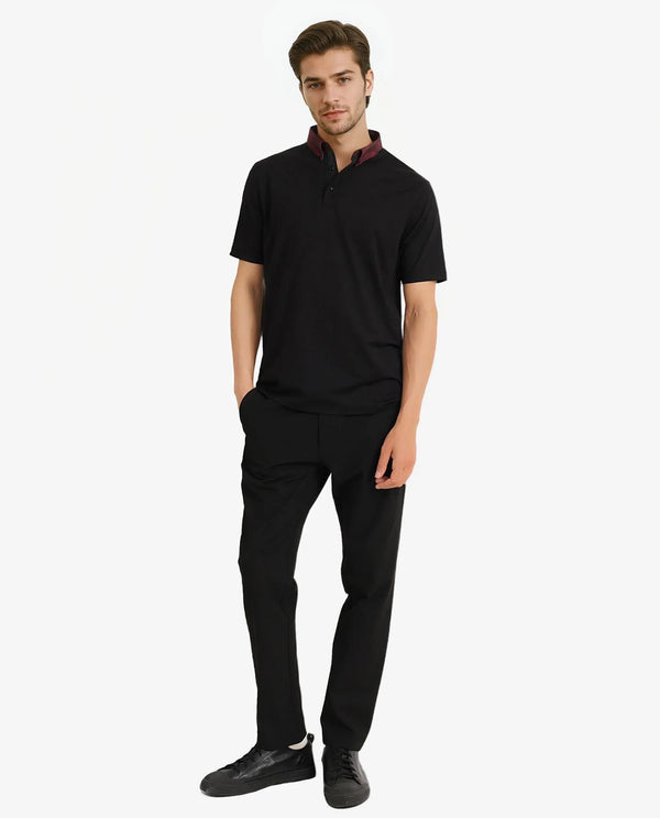 Rare Rabbit Men Ringer-2 Black Cotton Fabric Printed Collar Half Sleeves Polo T-Shirt