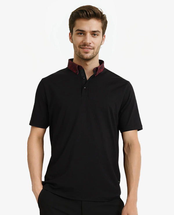 Rare Rabbit Men Ringer-2 Black Cotton Fabric Printed Collar Half Sleeves Polo T-Shirt