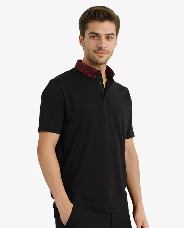 Rare Rabbit Men Ringer-2 Black Cotton Fabric Printed Collar Half Sleeves Polo T-Shirt