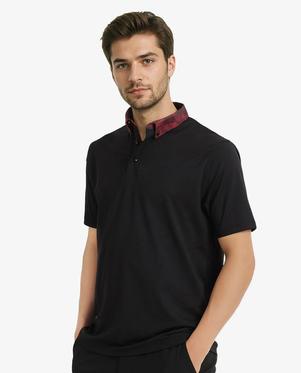 Rare Rabbit Men Ringer-2 Black Cotton Fabric Printed Collar Half Sleeves Polo T-Shirt