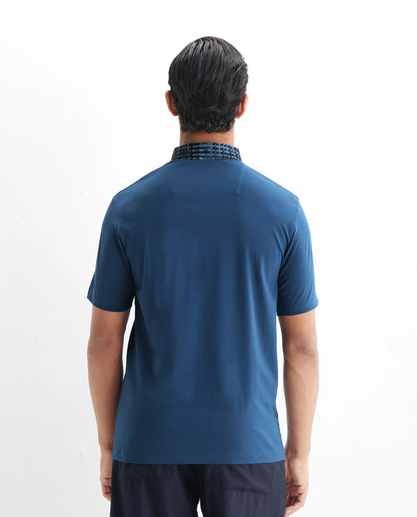 Rare Rabbit Men's Ringer 25 Blue Cotton Blend Fabric Half Sleeve Spread Collar Regular Fit Plain Polo
