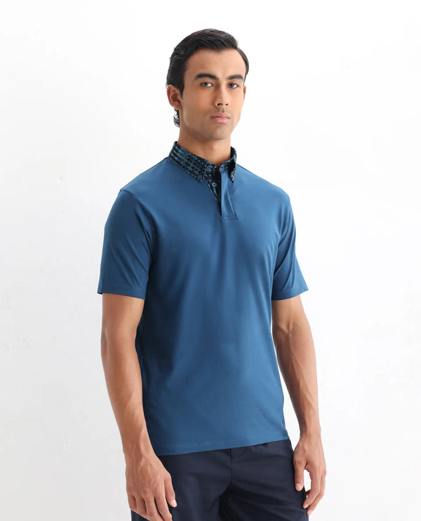 Rare Rabbit Men's Ringer 25 Blue Cotton Blend Fabric Half Sleeve Spread Collar Regular Fit Plain Polo