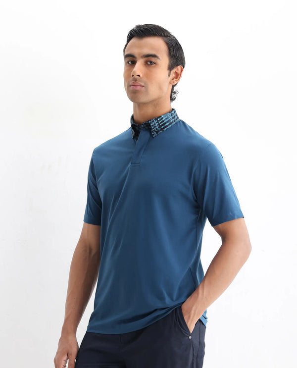 Rare Rabbit Men's Ringer 25 Blue Cotton Blend Fabric Half Sleeve Spread Collar Regular Fit Plain Polo