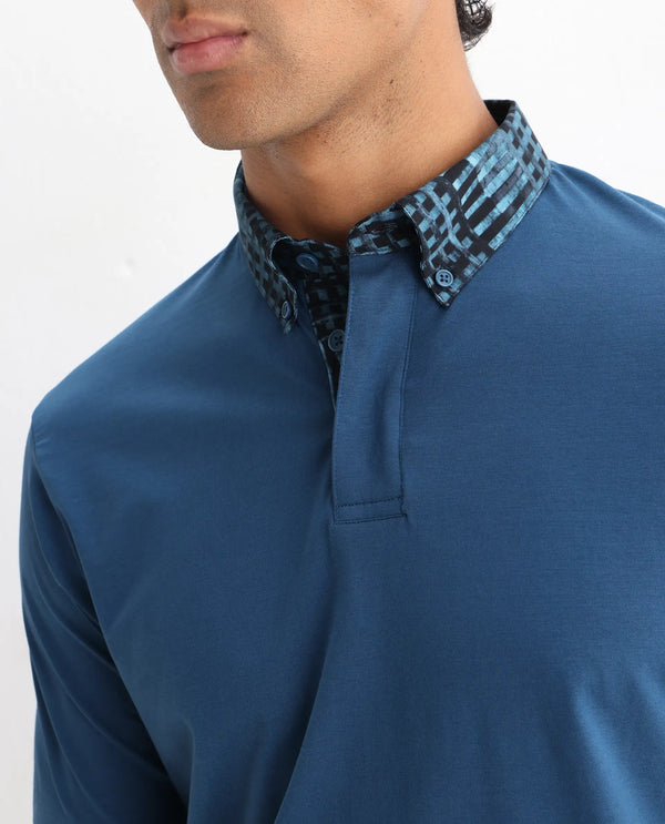 Rare Rabbit Men's Ringer 25 Blue Cotton Blend Fabric Half Sleeve Spread Collar Regular Fit Plain Polo