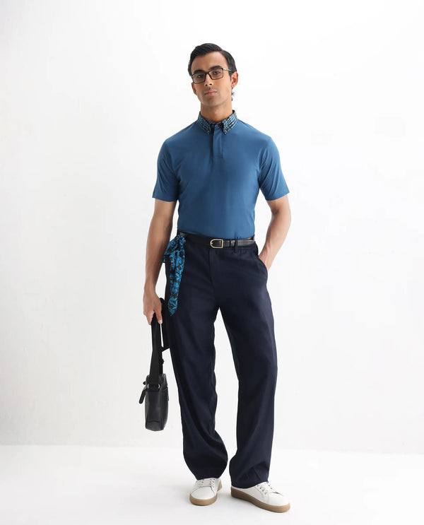 Rare Rabbit Men's Ringer 25 Blue Cotton Blend Fabric Half Sleeve Spread Collar Regular Fit Plain Polo