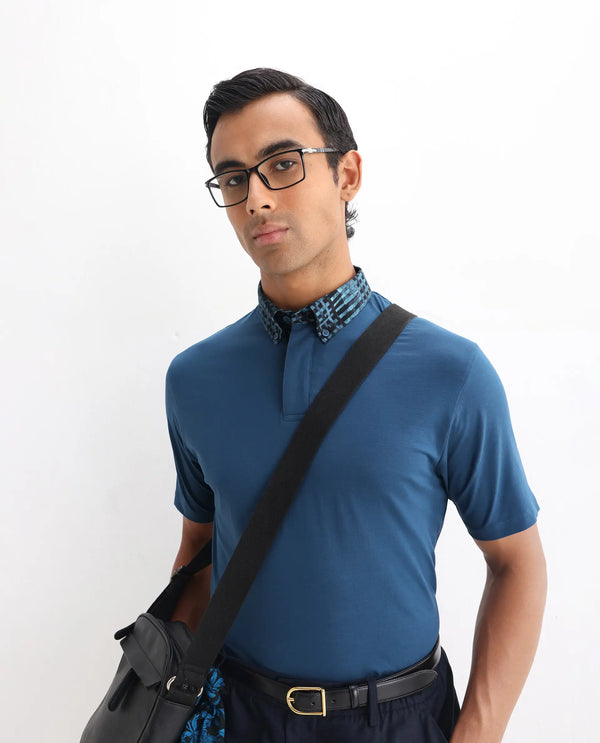 Rare Rabbit Men's Ringer 25 Blue Cotton Blend Fabric Half Sleeve Spread Collar Regular Fit Plain Polo
