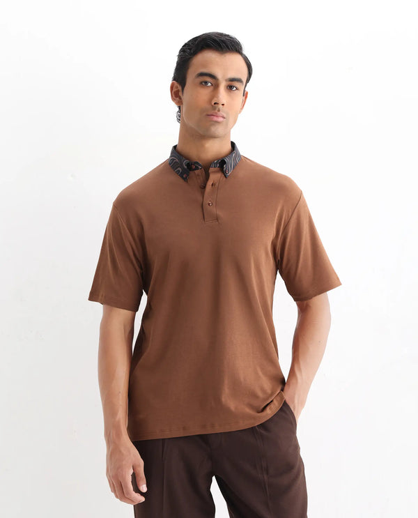 Rare Rabbit Men's Rings Dusky Brown Cotton Fabric Short Sleeves Collared Neck Solid Polo T-shirt