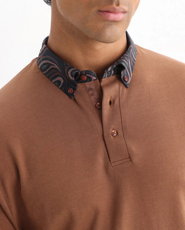 Rare Rabbit Men's Rings Dusky Brown Cotton Fabric Short Sleeves Collared Neck Solid Polo T-shirt