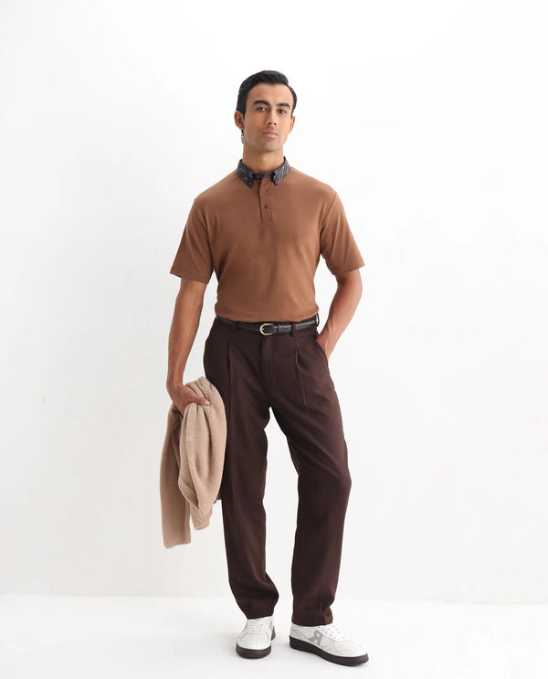 Rare Rabbit Men's Rings Dusky Brown Cotton Fabric Short Sleeves Collared Neck Solid Polo T-shirt