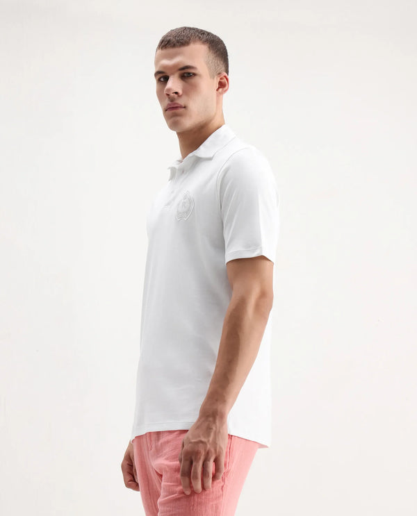 Rare Rabbit Men's Ritz White Cotton Fabric Short Sleeve Regular Fit Solid Polo T-Shirt