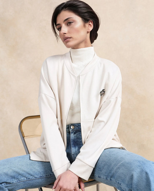 Rareism Women Rize Off White Modal Lycra Fabric Full Sleeve Ribbed Collar Zipper Closure Relaxed Fit Plain Sweatshirt