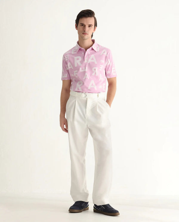 Rare Rabbit Men's Rocha Pastel Purple Cotton Lycra Fabric Collared Neck Half Sleeves Statement Polo T-Shirt